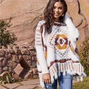Boho Aztec Southwestern Fringe Poncho Sweater Top Pullover Festival Women